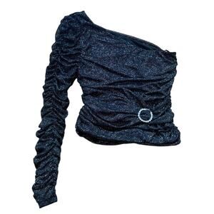 Majorelle Revolve One Shoulder Ruched Black Sparkly Top Blouse Glitter